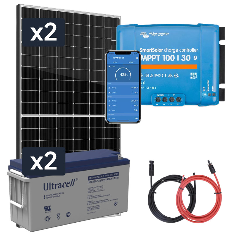 Panel słoneczny 2x435W i akumulator żelowy 2x150Ah z regulatorem MPPT 24V